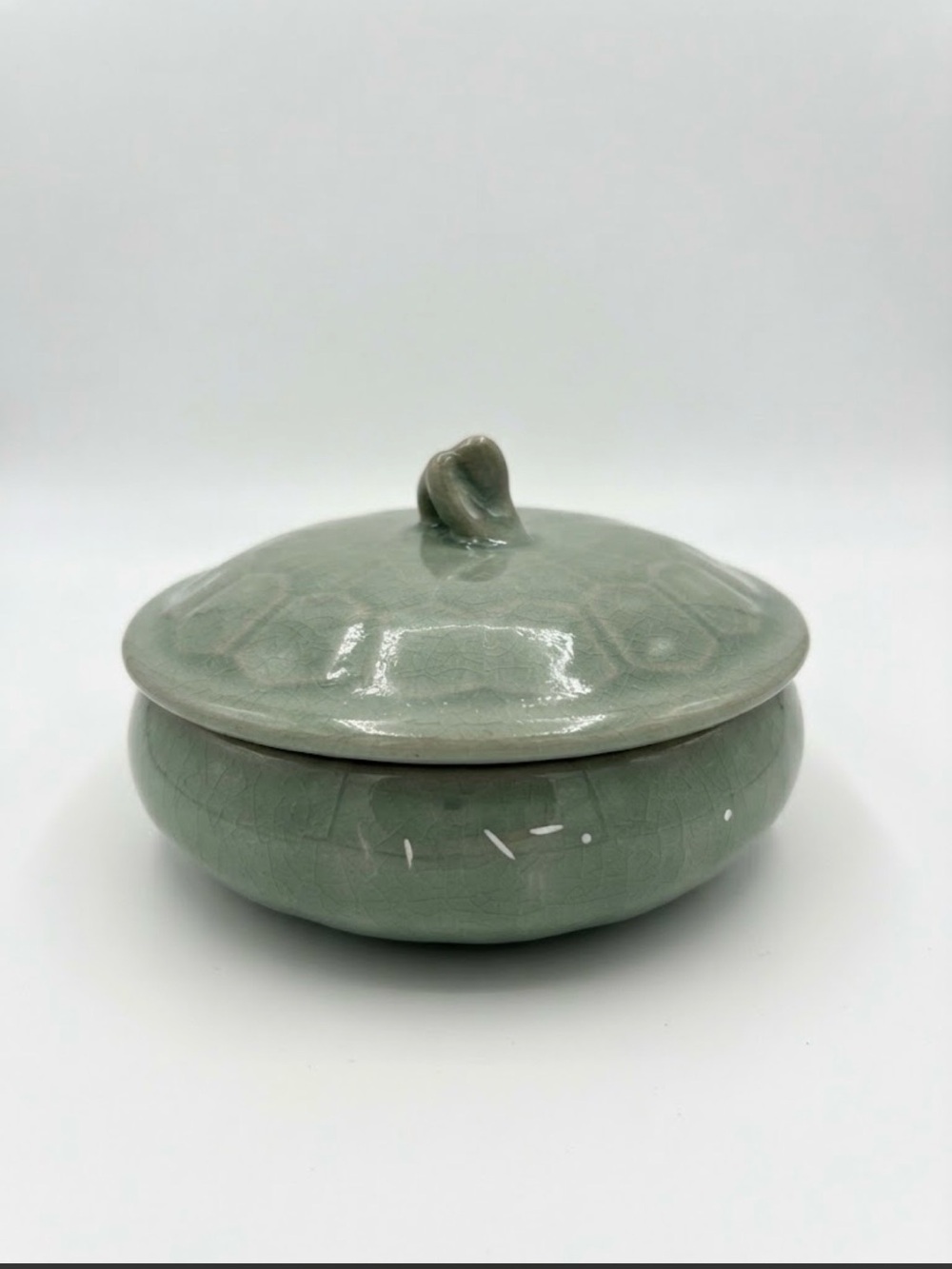 Vtg Celadon Green Crackle Glaze Lidded Jar | Trinket Dish | Asian Pottery READ